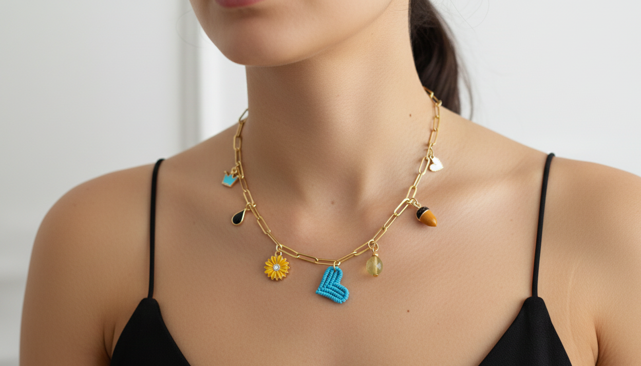 Collar dorado con charms variados en forma de corazón negro tejido, charms de acero. Tendencia 2026