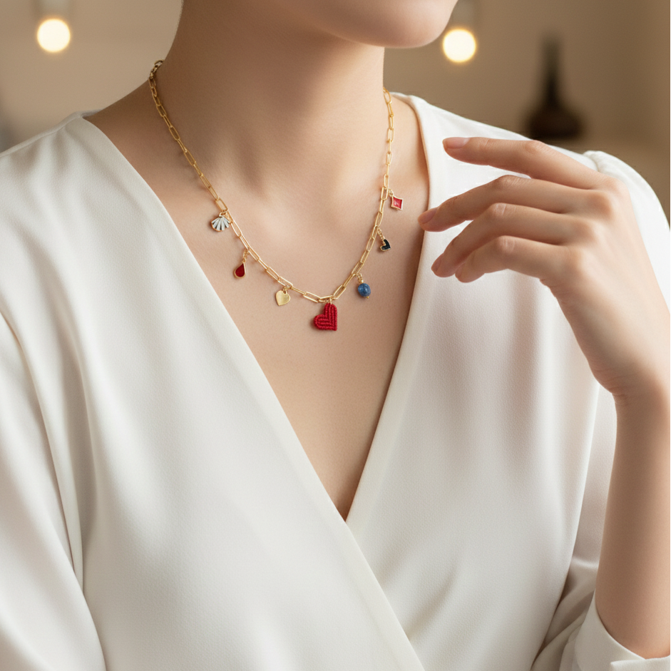 Collar dorado con charms de colores en forma de corazón, concha y piedra azul mostrado en el cuello, fotografía lifestyle de mujer elegante.