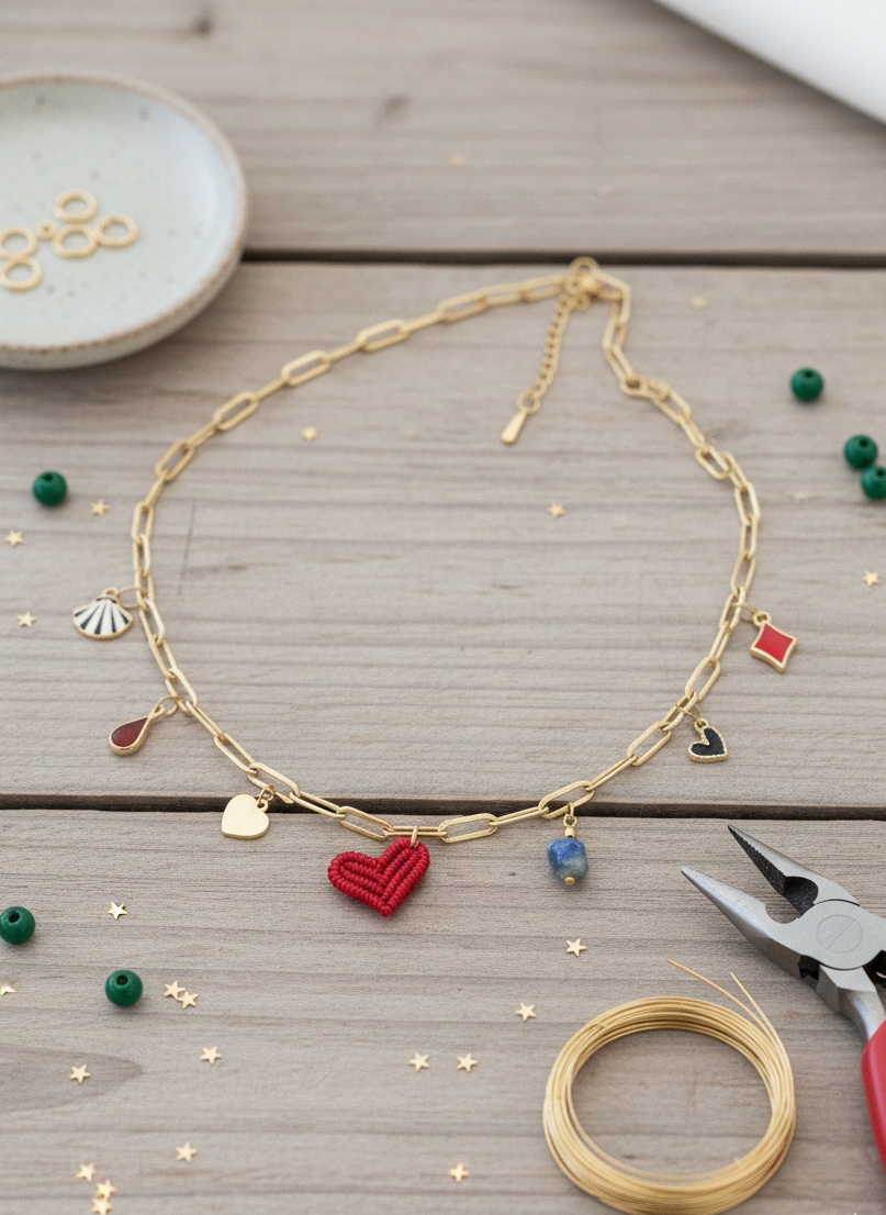 Collar dorado con charms variados en forma de corazón rojo de macrame, concha, gota roja, piedra azul y abalorios esmaltados, sobre fondo neutro.