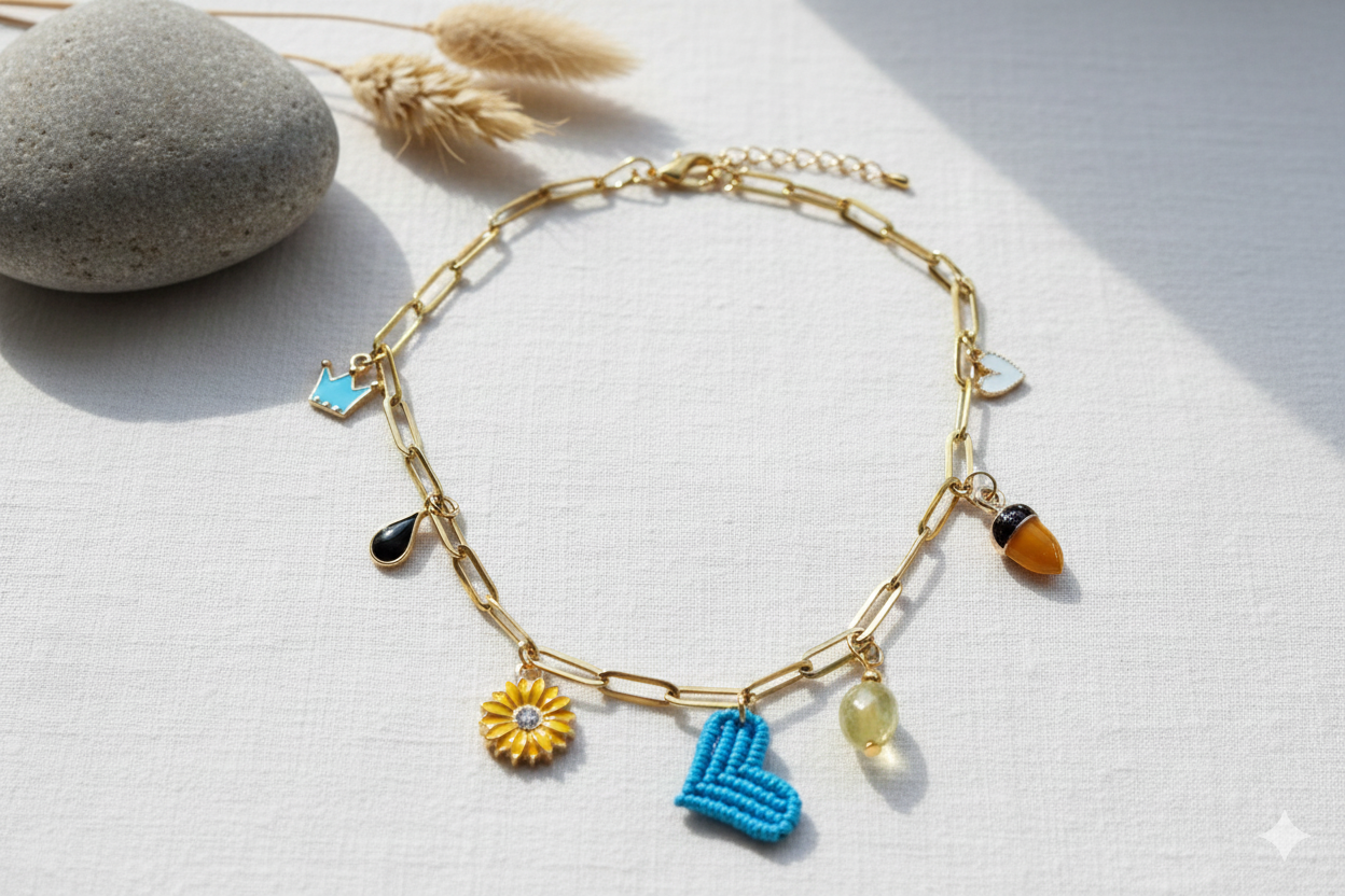 Collar dorado con charms de colores en forma de corazón