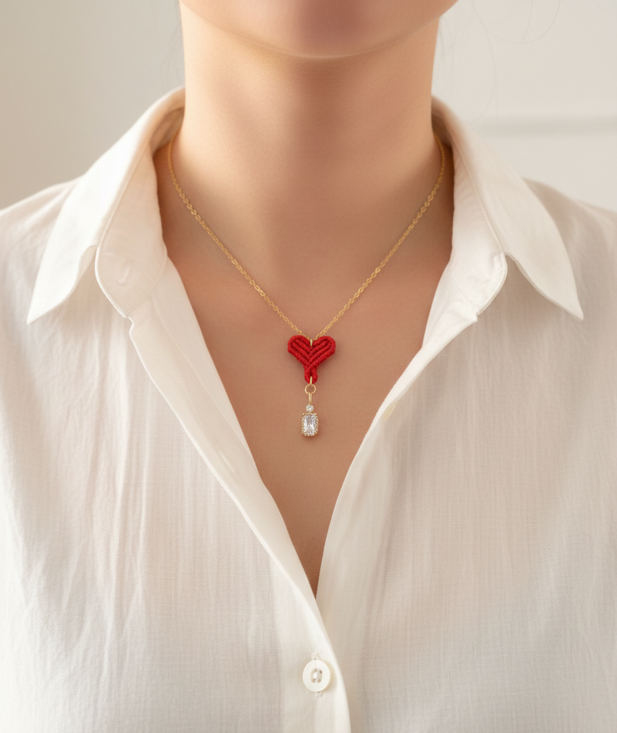 Collar artesanal de corazón con diseño minimalista, elaborado con hilo de nailon y materiales resistentes para acompañarte cada día.