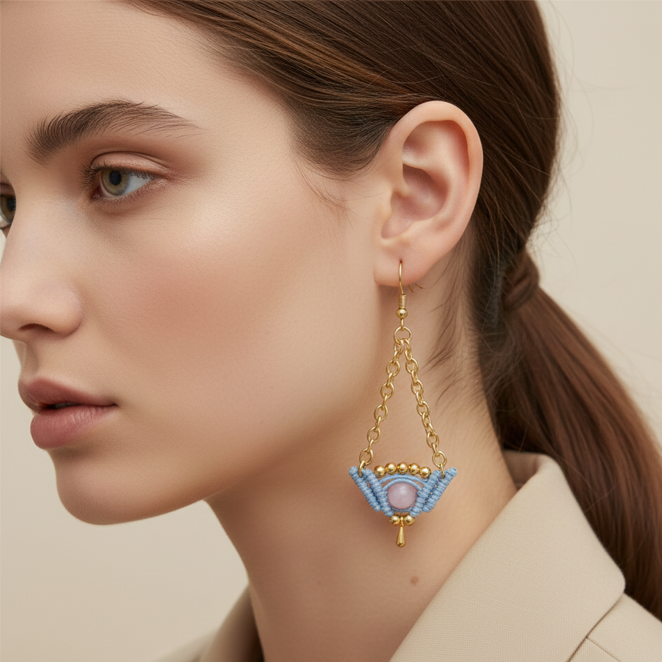 Pendientes artesanales Celeste con cadena dorada, tejido en hilo celeste y piedra central cuarzo rosa.