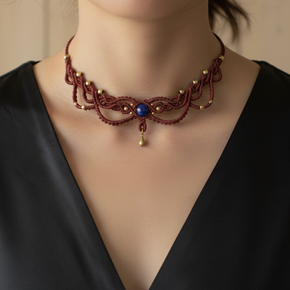 Descubre la majestuosidad y el arte de la gargantilla Shiva, una pieza exquisita que combina la técnica de macramé con materiales de alta calidad. Realizada con hilo de nailon, cuentas de latón importado de la India y piedras naturales, esta gargantilla es una celebración de la artesanía y el diseño sofisticado.