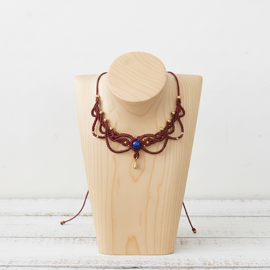 Descubre la majestuosidad y el arte de la gargantilla Shiva, una pieza exquisita que combina la técnica de macramé con materiales de alta calidad. Realizada con hilo de nailon, cuentas de latón importado de la India y piedras naturales, esta gargantilla es una celebración de la artesanía y el diseño sofisticado.