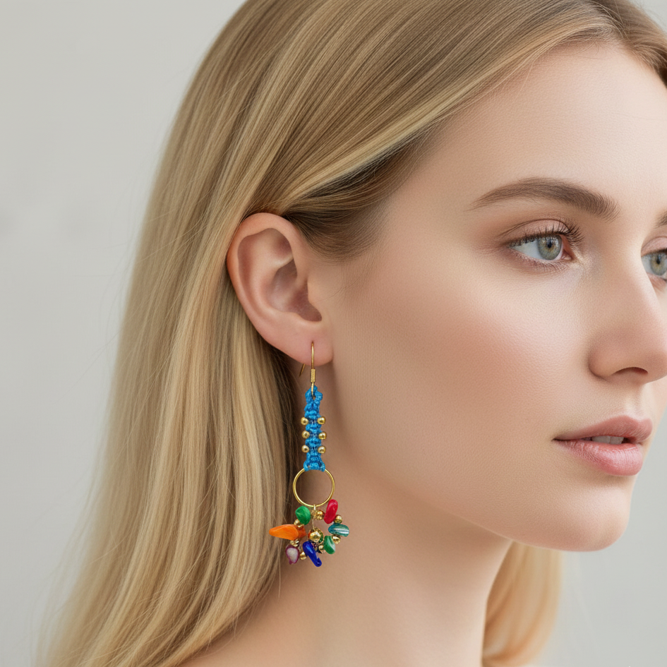 Pendientes artesanales Aura con tejido en hilo, cuentas doradas y racimo de pequeñas piedras naturales en la parte inferior, disponibles en varios colores.