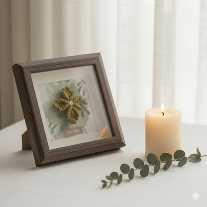 Detalle de mini cuadro con flor de macramé amarillo mostaza. Marco de madera y fondo sutil acuarela, perfecto para regalo o detalle decorativo.