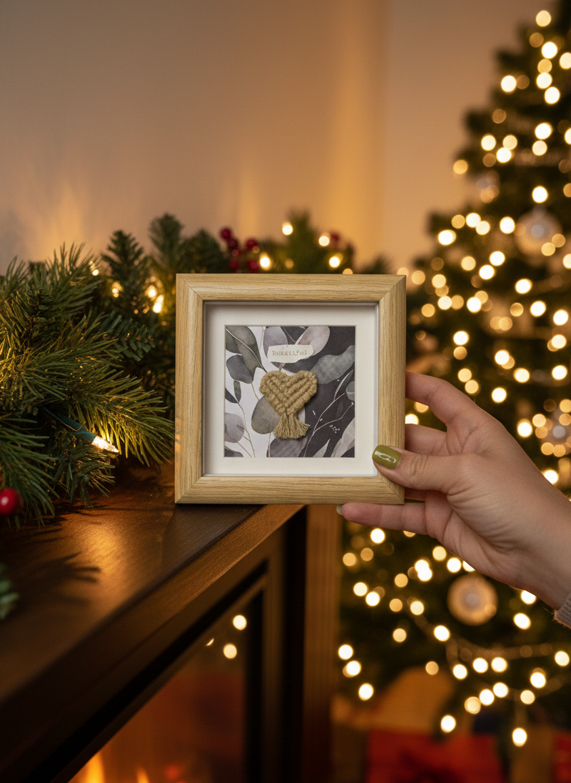 Mini marco de macramé (corazón mostaza) colocado sobre una chimenea, con enfoque en la decoración del hogar, estilo handmade.