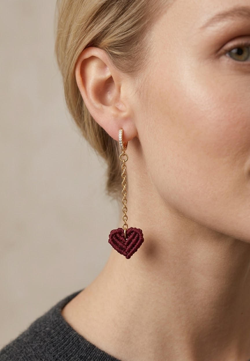 Pendiente Polita de macramé color burdeos con corazón tejido a mano y cadena dorada.