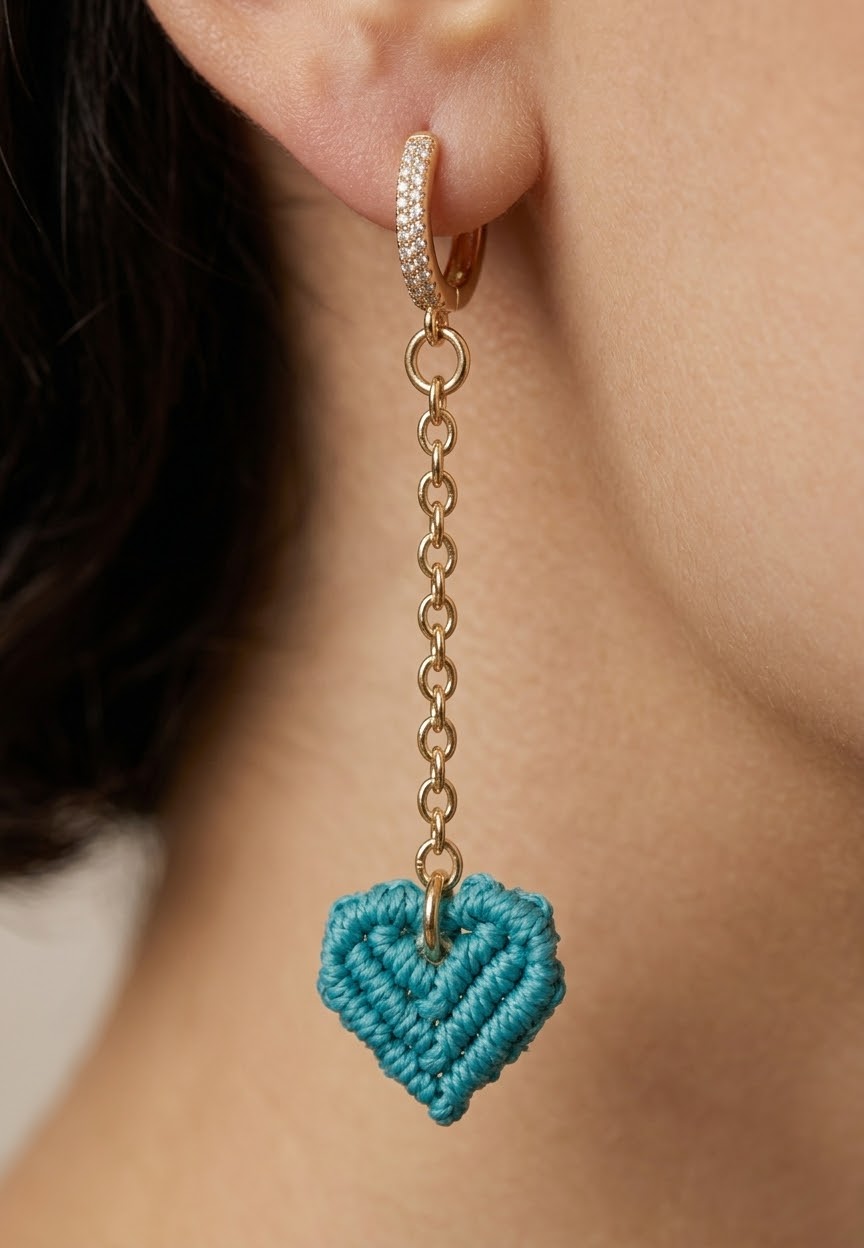 Pendiente Polita turquesa de macramé con corazón tejido y cadena dorada, pendientes artesanales originales.
