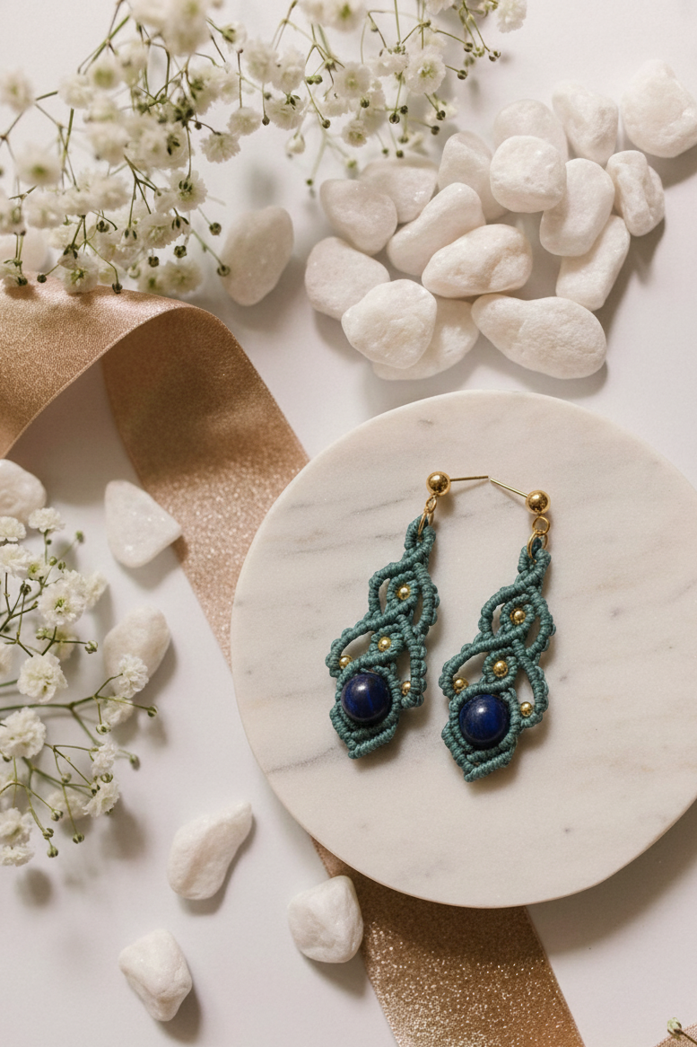 Pendientes Elixir de Crisajewel: pendientes artesanales de macramé con cierre tipo clip en acero inoxidable y piedra natural en el centro, diseño boho elegante.”