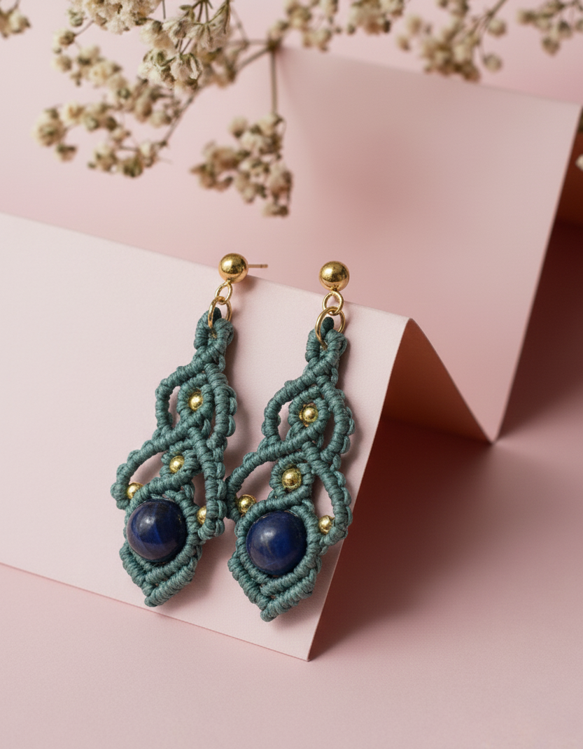 Pendientes Elixir de Crisajewel: pendientes artesanales de macramé con cierre tipo clip en acero inoxidable y piedra natural en el centro, diseño boho elegante.