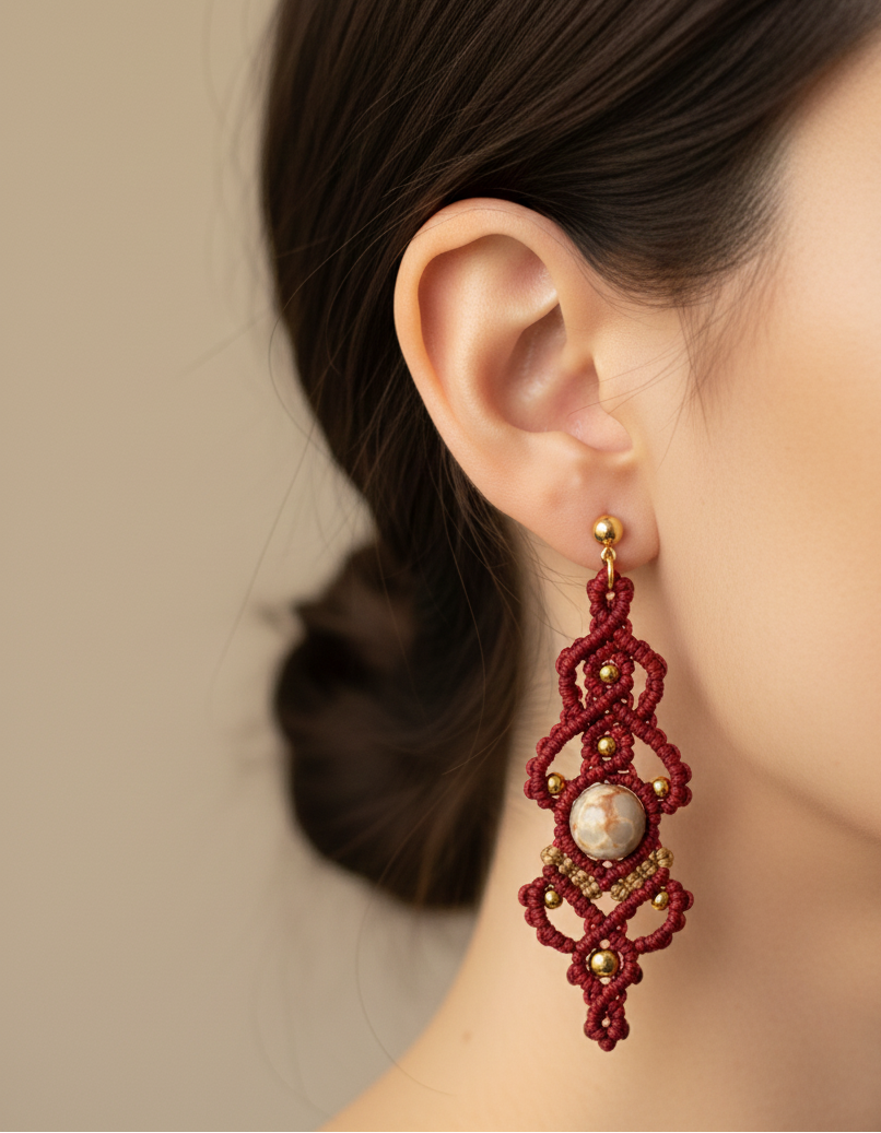 Pendientes Elixir de Crisajewel: pendientes artesanales de macramé con cierre tipo clip en acero inoxidable y piedra natural en el centro, diseño boho elegante.