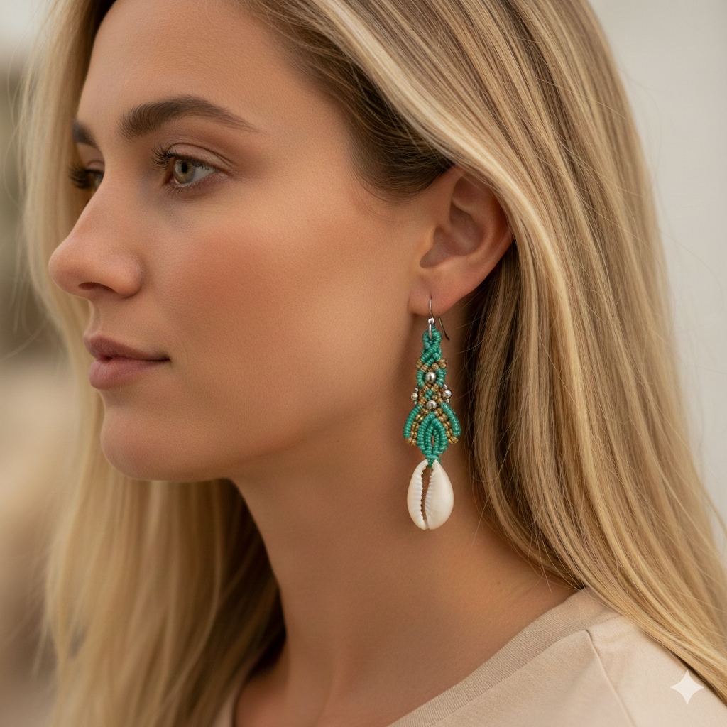 Sumérgete en la belleza del mar con los pendientes Ola Marina, una pieza única que captura la esencia de la costa. Estos pendientes están meticulosamente elaborados con hilo de nailon, conchas naturales y cuentas de acero inoxidable, utilizando la técnica de macramé para ofrecerte un accesorio sofisticado y lleno de estilo.