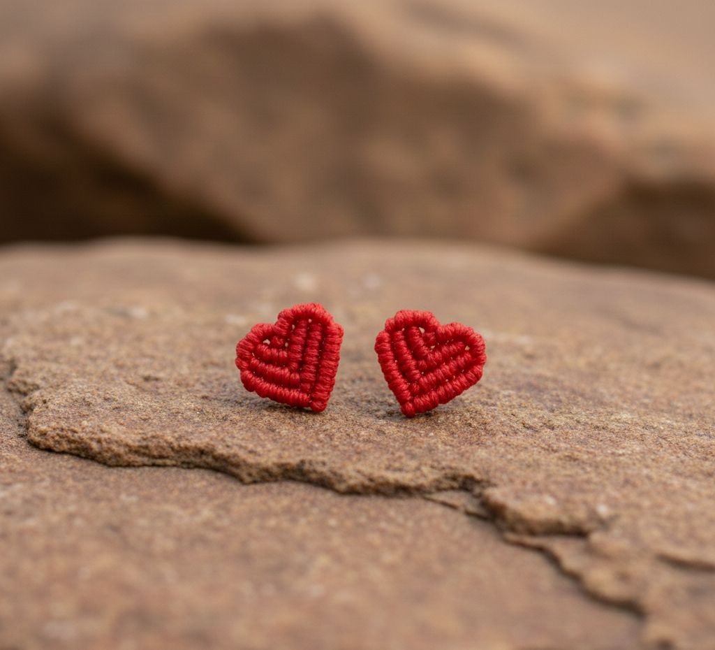 Pendientes corazón de macramé hechos a mano, perfectos para regalar en San Valentín, aniversarios o como detalle especial.