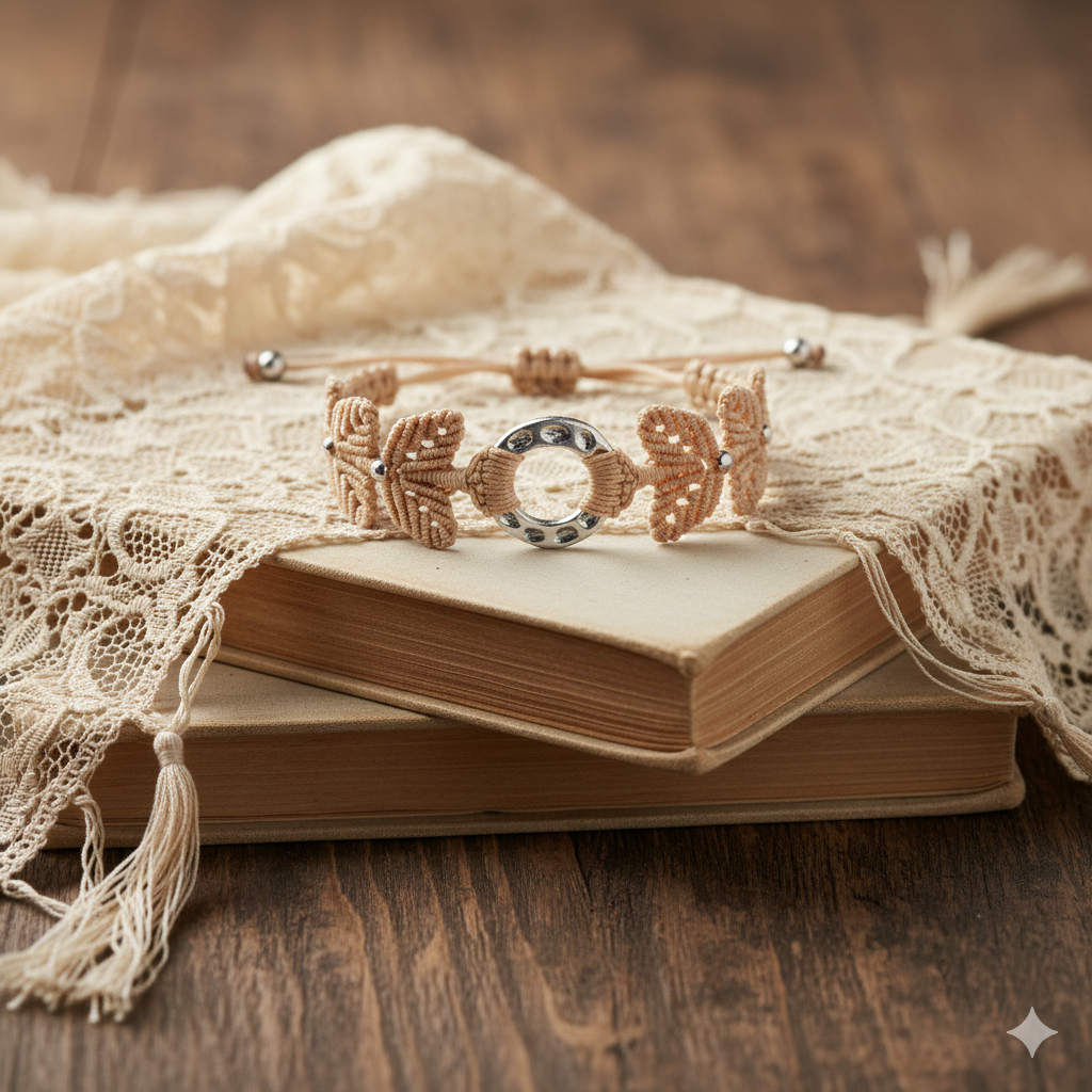 Brazalete artesanal de macramé en beige con pieza central circular metálica y cierre ajustable.