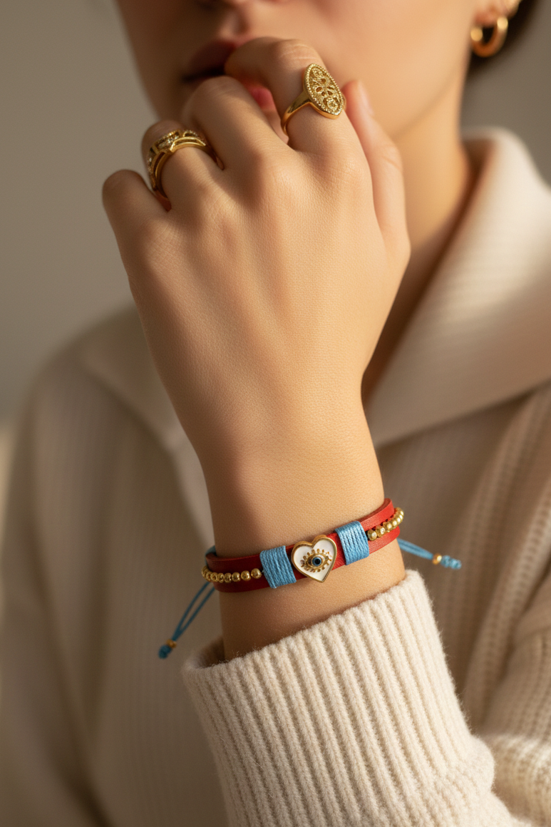 Pulseras artesanales de cuero sintético con hilos de nailon y charms de acero inoxidable. Resistentes, ajustables y disponibles en varios colores.