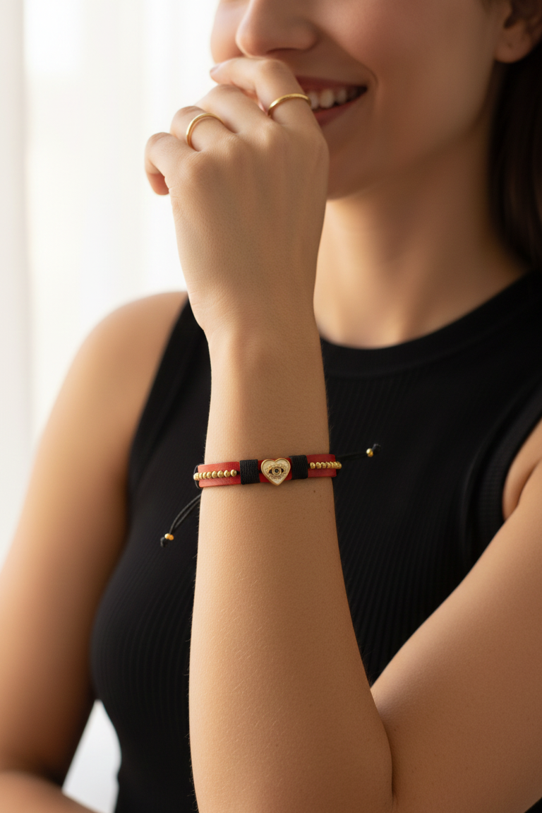 Pulseras artesanales de cuero sintético con hilos de nailon y charms de acero inoxidable. Resistentes, ajustables y disponibles en varios colores.