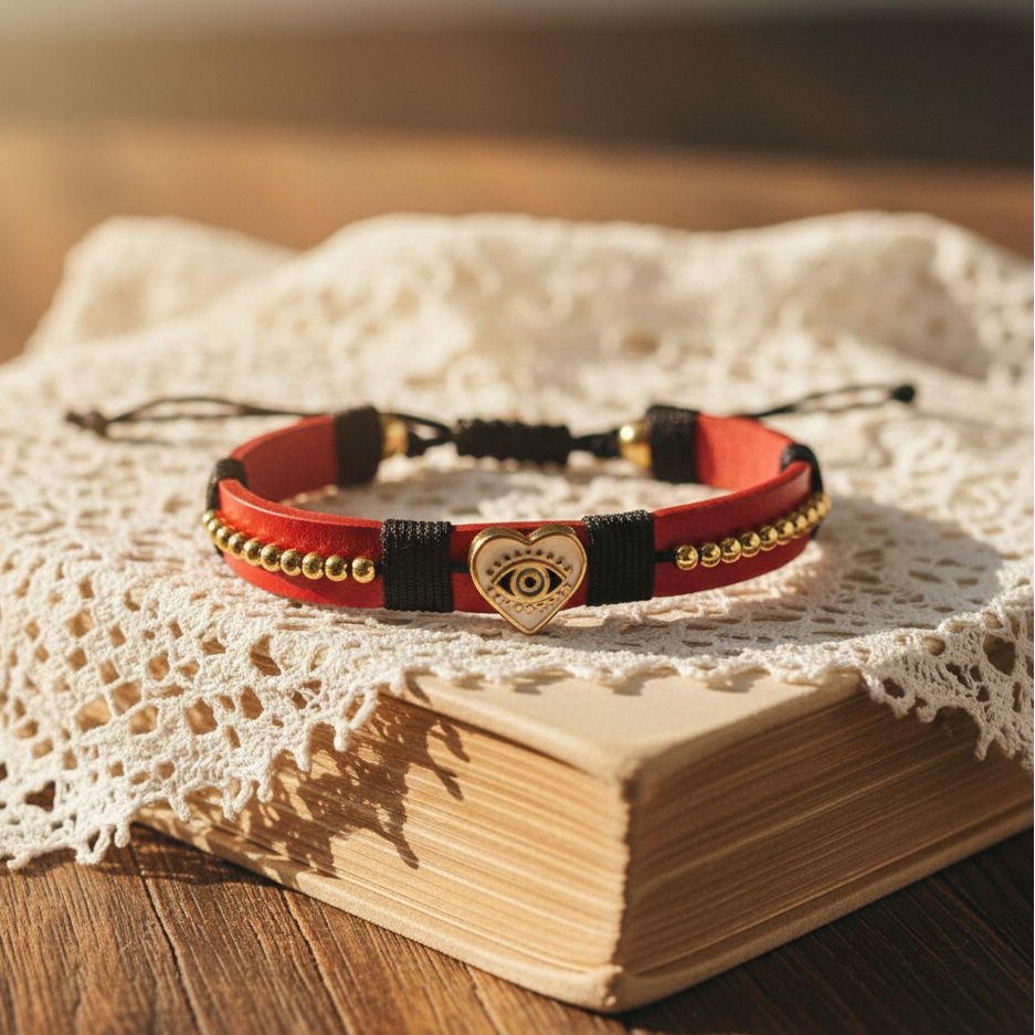 Pulseras artesanales de cuero sintético con hilos de nailon y charms de acero inoxidable. Resistentes, ajustables y disponibles en varios colores.