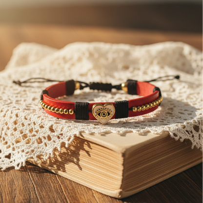 Pulseras artesanales de cuero sintético con hilos de nailon y charms de acero inoxidable. Resistentes, ajustables y disponibles en varios colores.