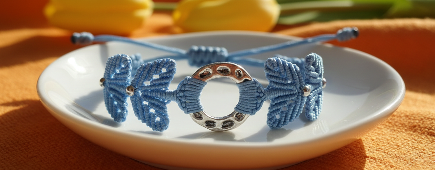Brazalete artesanal de macramé en azul celeste con pieza central circular metálica y cierre ajustable.