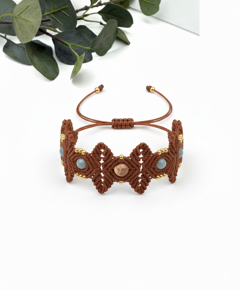 Brazalete de macramé hecho a mano con piedras naturales y colores tendencia, joyería artesanal 