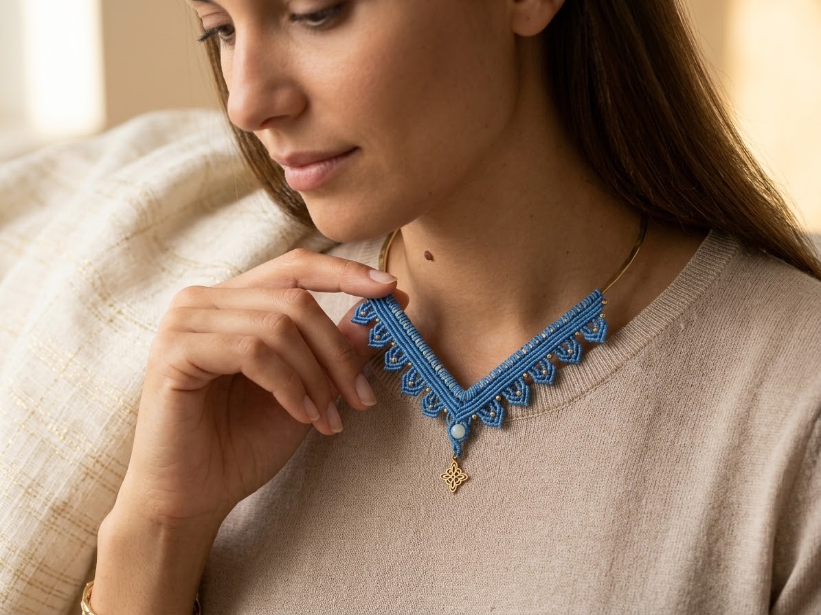 Mujer tocando su collar de macramé azul con piedra y colgante dorado sobre jersey beige