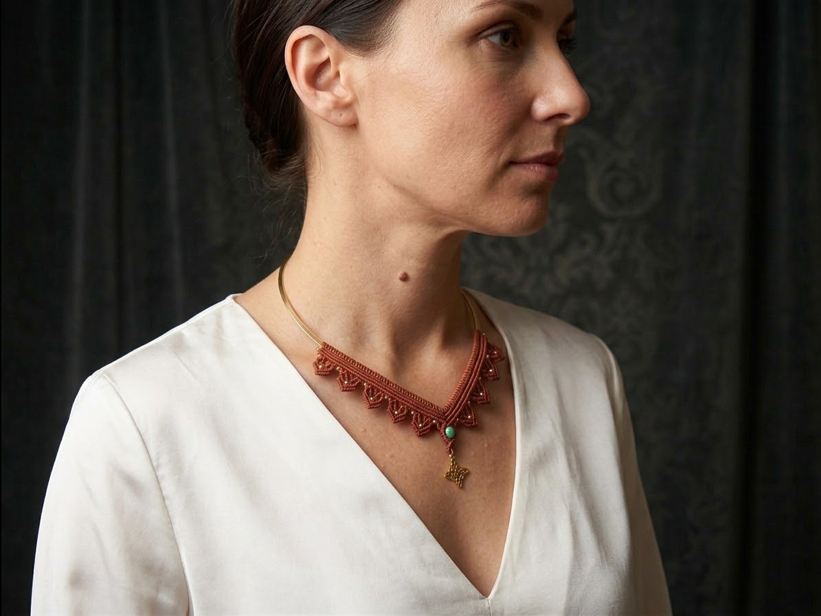 Vista de perfil de collar de macramé terracota con detalle de piedra turquesa y colgante en forma de estrella dorada