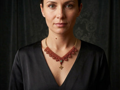 collar de macramé terracota con detalle de piedra turquesa y colgante en forma de estrella dorada