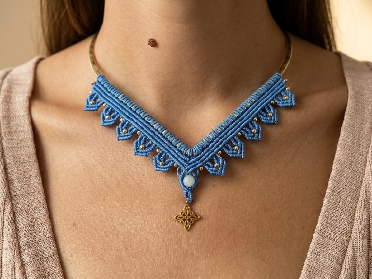 Primer plano de collar de macramé azul con picos tejidos, cuentas doradas y colgante floral dorado