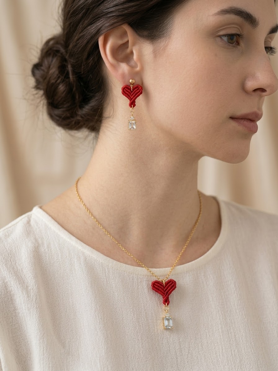 Modelo luciendo pendiente de corazón rojo con colgante de circonita y collar a juego, cadena dorada