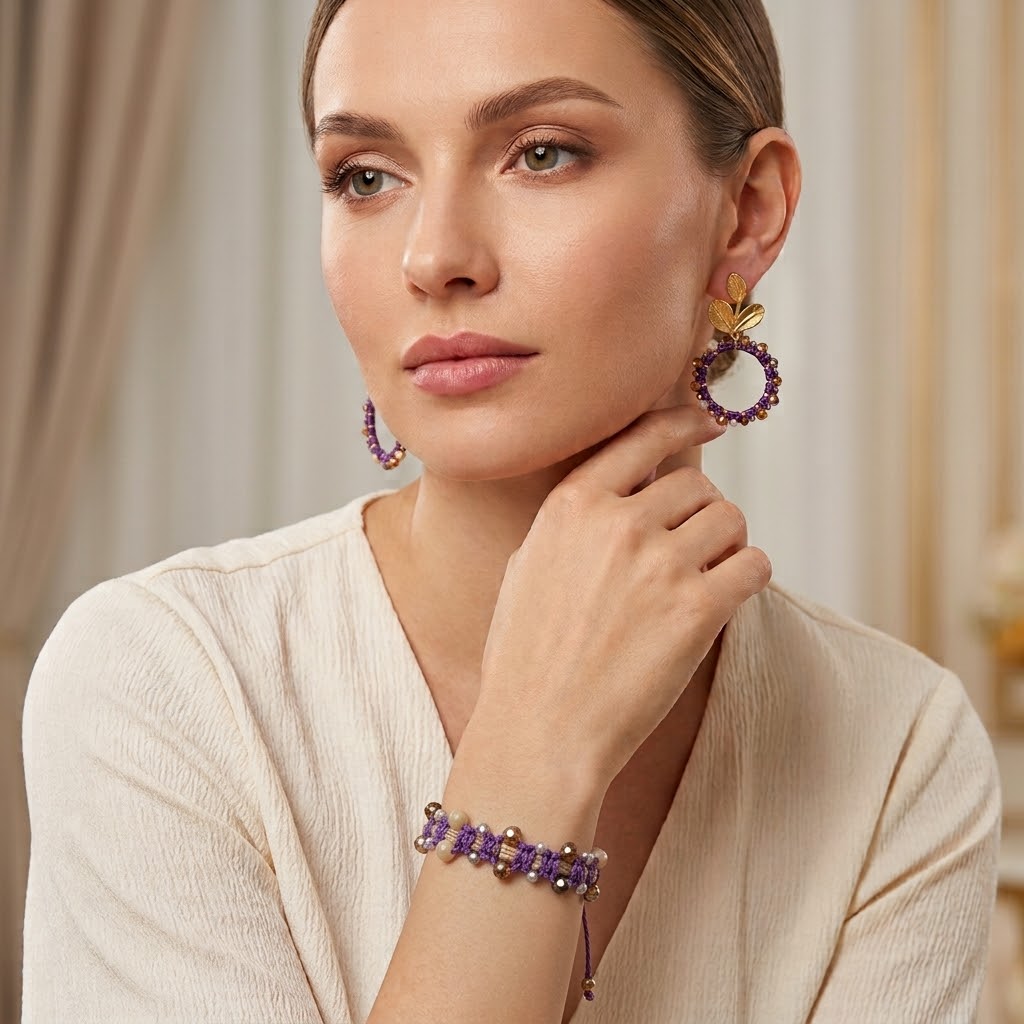 Modelo luciendo pendientes de aro lila con cristales y pulsera a juego del set Círculo Floral