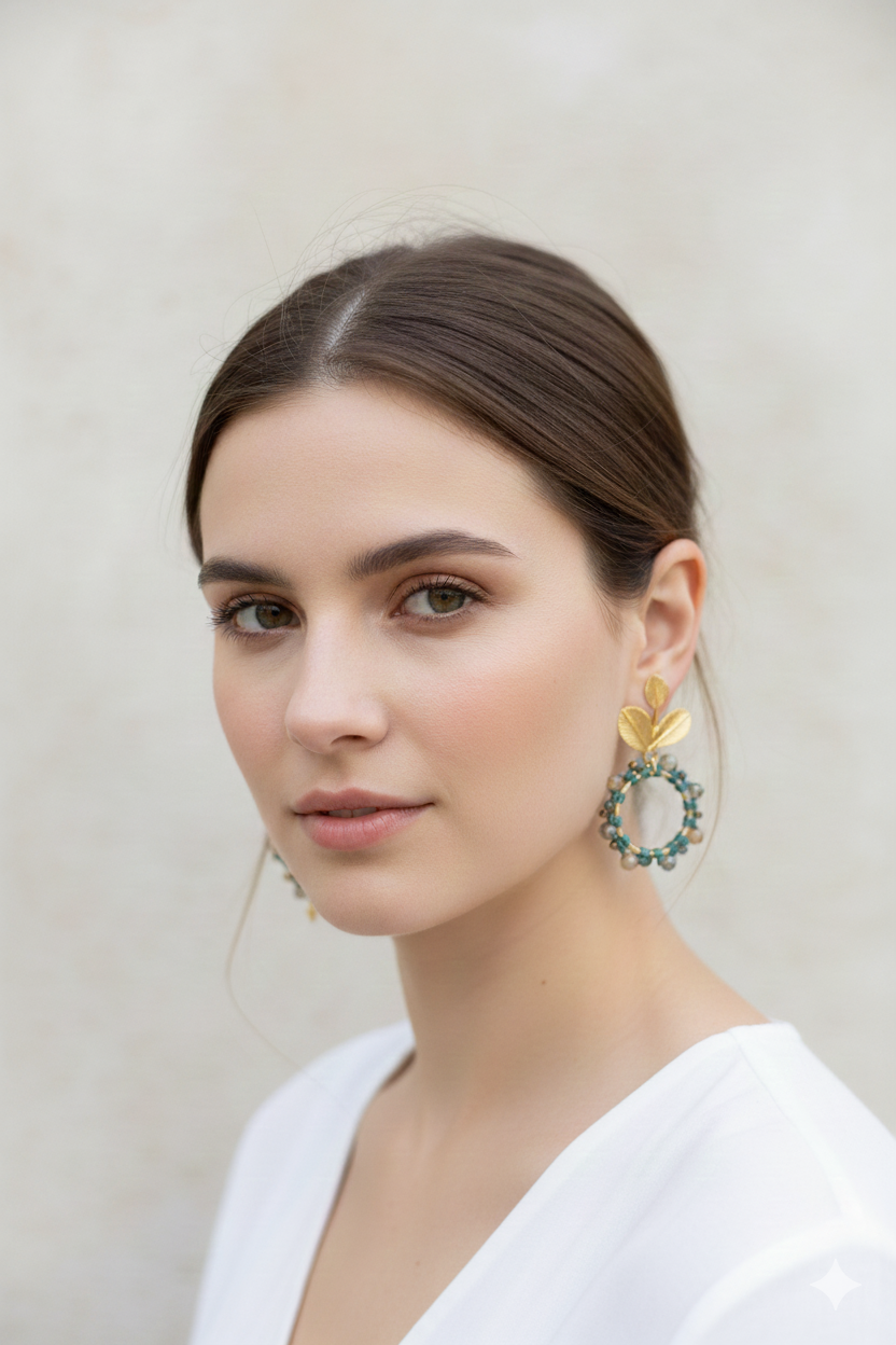 Pendientes Círculo Floral de macramé hechos a mano, joyería artesanal elegante y versátil con cuentas facetadas de cristal