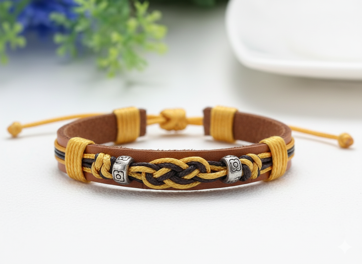 Pulsera Halo con base de cuero y doble diseño colorido superpuesto.