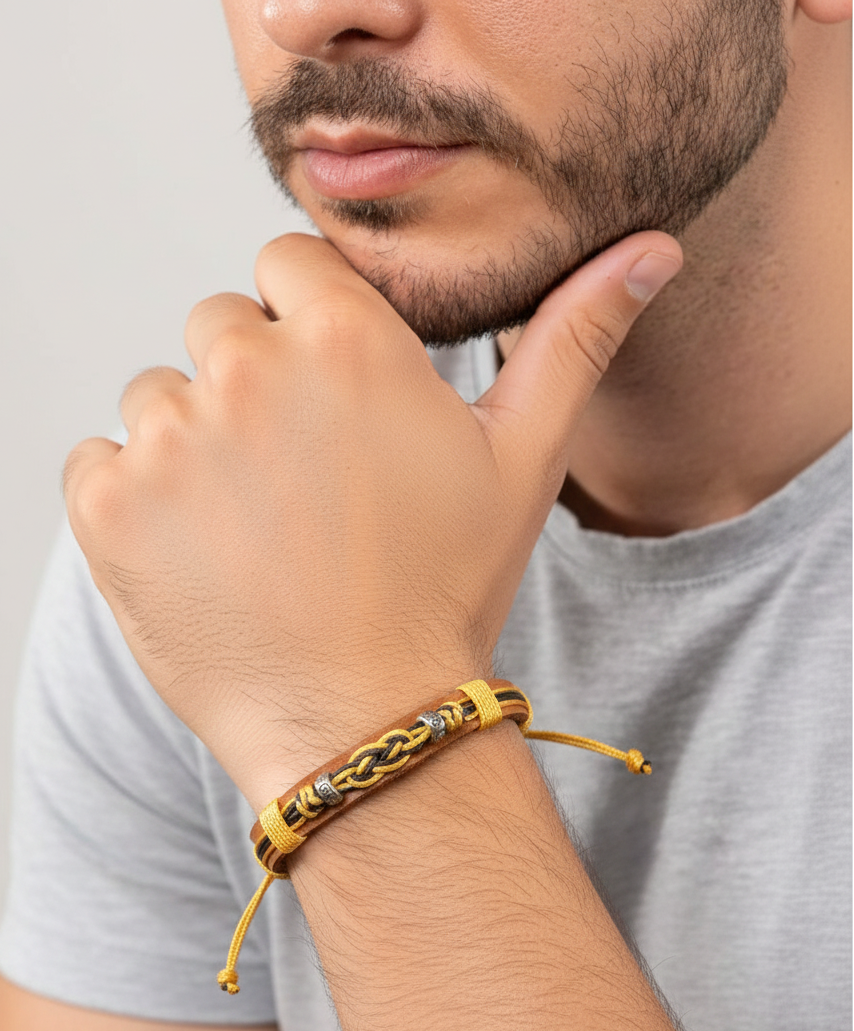 Pulsera Halo con base de cuero y doble diseño colorido superpuesto.