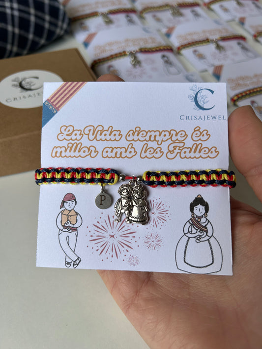 Pulsera Fallera ajustable con hilo encerado inspirado en la Senyera valenciana y cuentas de acero inoxidable, personalizable con inicial.