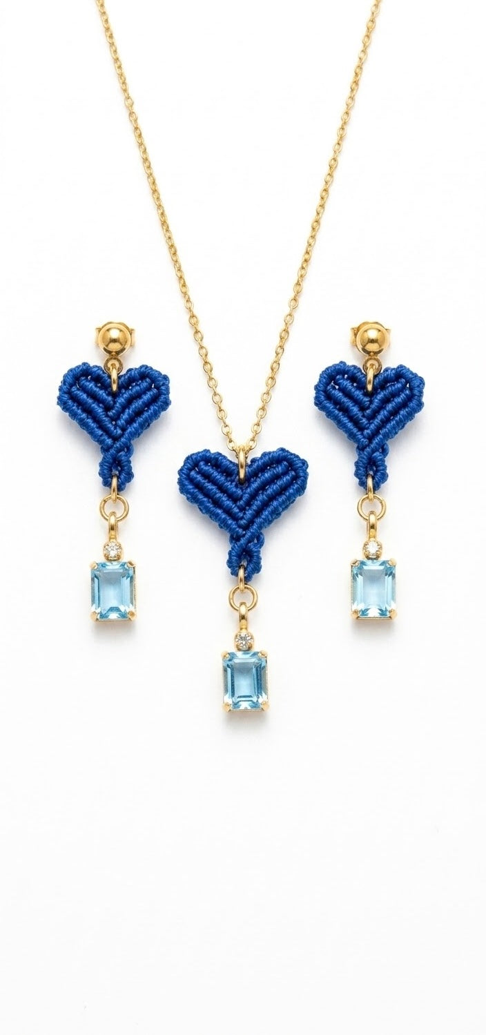 Set corazón azul noche de macramé con collar y pendientes a juego, colgante de piedra azul talla baguette en oro