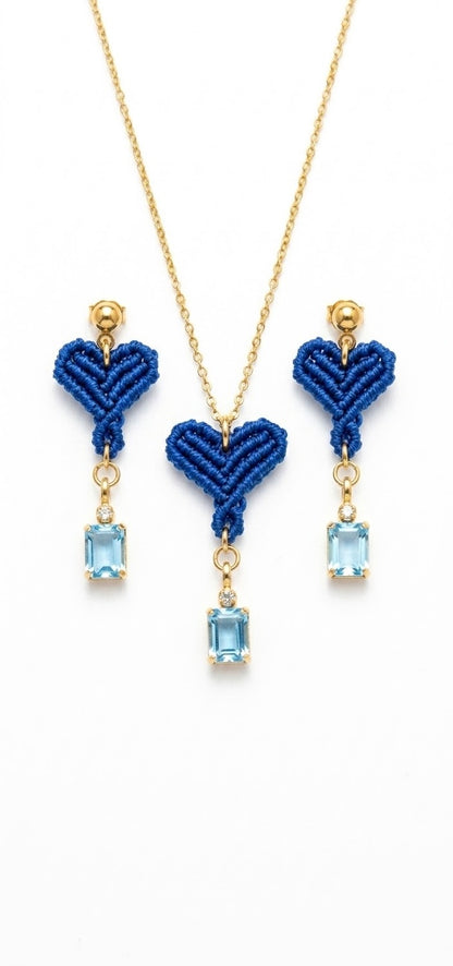 Set corazón azul noche de macramé con collar y pendientes a juego, colgante de piedra azul talla baguette en oro