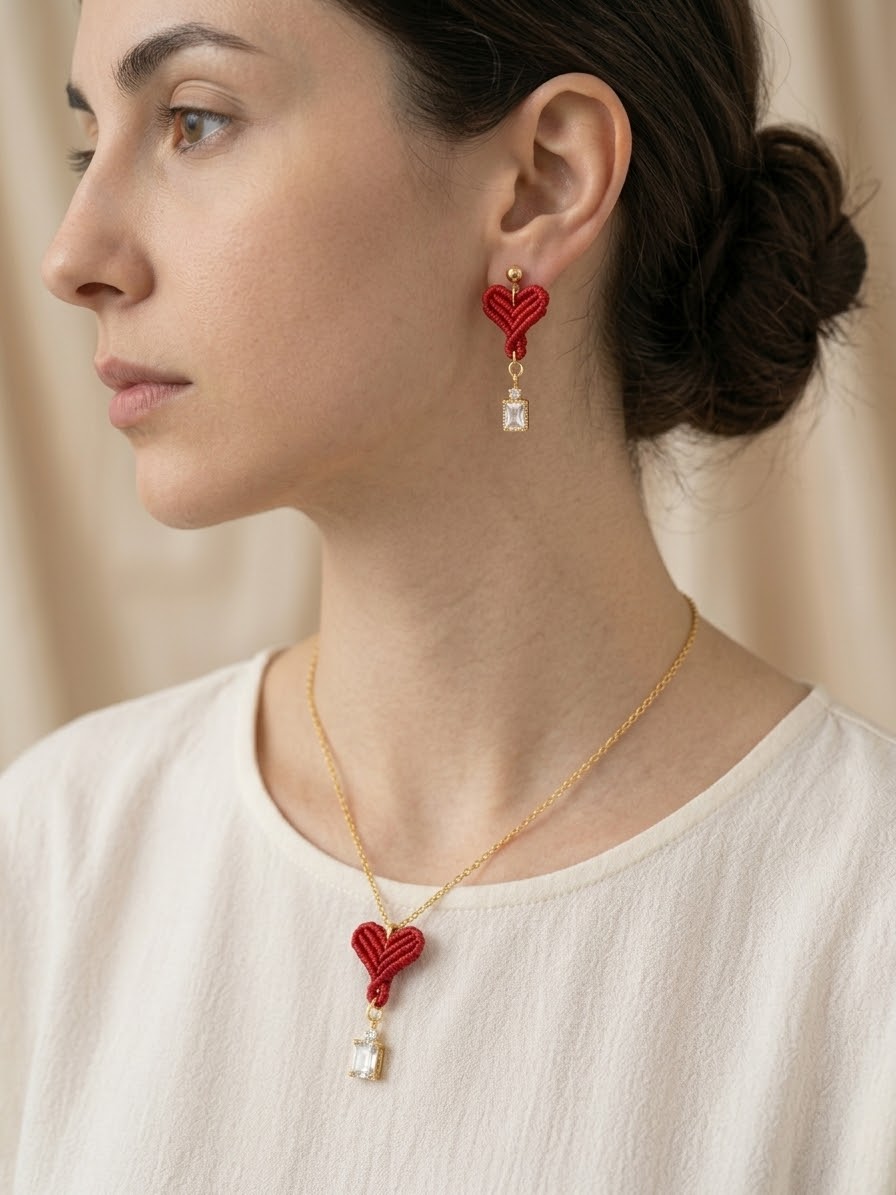 Set corazón rojo de macramé con collar y pendientes a juego, colgante de circonita baguette en oro, fondo blanco