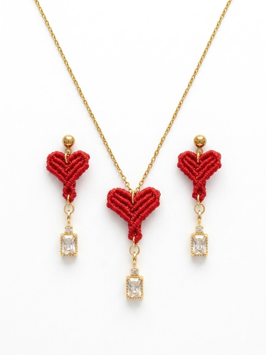 set completo de corazón rojo: pendientes y collar con colgante de circonita